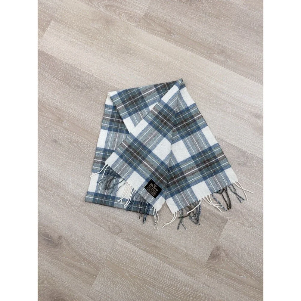 Vintage Glen Prince Scotland New Lambswool Scarf Blue Tan Plaid Quiet Luxury 90s